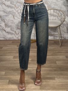 Drawstring Denim Pants-373/Blue