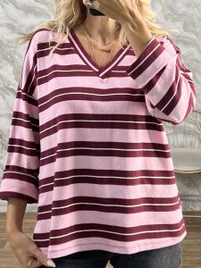 Striped Ve Cotton Top-25422/Burgundy&Pink
