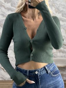 Kun-Knitted Buttons CropTop-889/Khaki