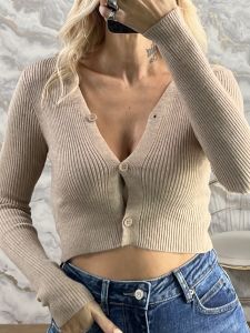 Kun-Knitted Buttons CropTop-889/Beige