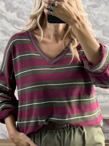 Striped Ve Cotton Top-25422/Magenta&Khaki