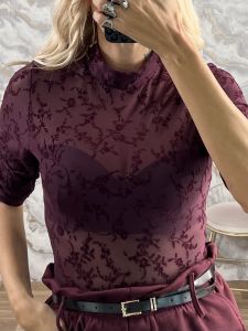 San-Velvet Textured Bodysuit-58821/Burgundy