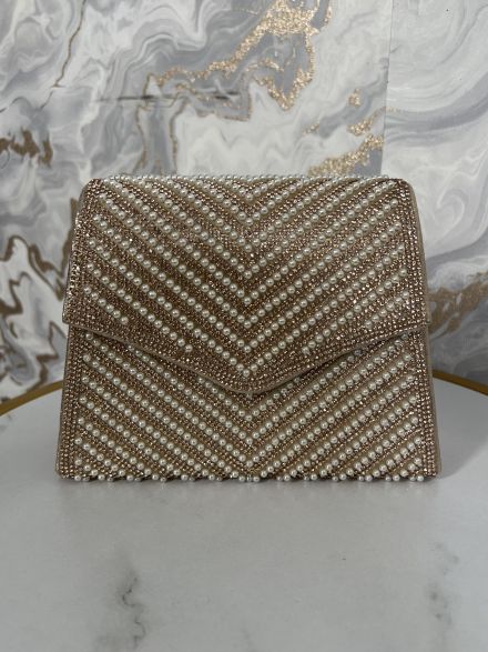 Rhinestones & Pearls  Hand Bag-2701/Rosegold