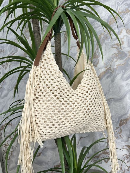 Knitted Fringe Tote Bag-S268/Vanilla
