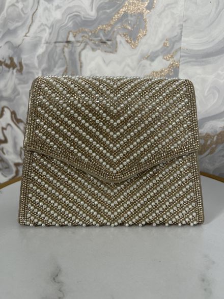Rhinestones & Pearls  Hand Bag-2701/Gold