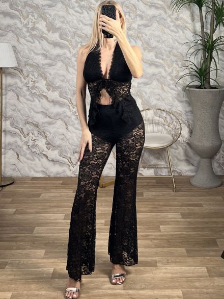 Lace HalterNeck Top& Pants Set-7837/Black