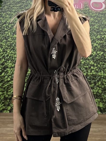 Denim Sleeveless Strass Jacket/Chocolat