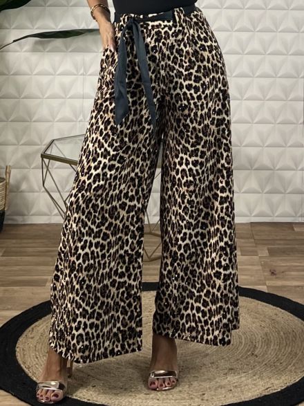 Wide Crep Strass Pants/Leopard