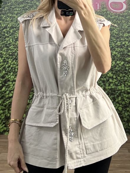Denim Sleeveless Strass Jacket/Beige