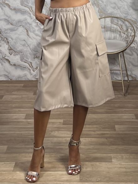 Leather Cargo Long Shorts-14504/Beige