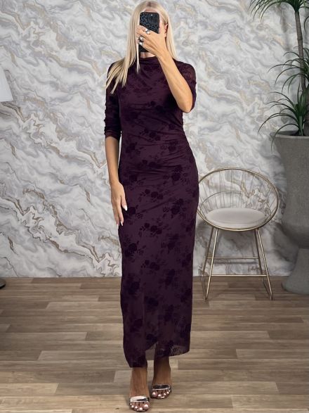 Elastic VelvetFloral Maxi Dress-50205-9/Burgundy