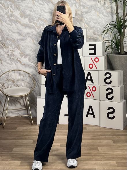 Velvet Shirt Set-3185/Navy Blue