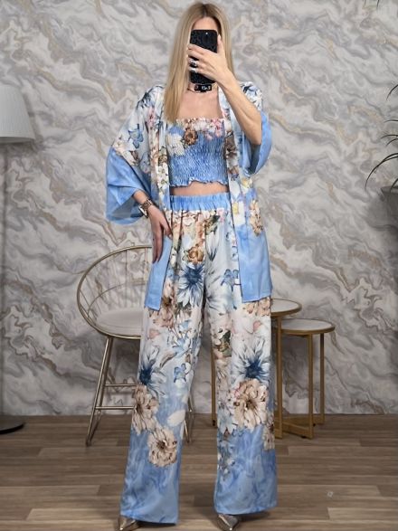 ThreePieces Kimono Floral Set-2883/Ciel