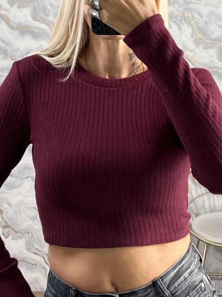 Ribbed Knitted Crop Top-12409/Burgundy