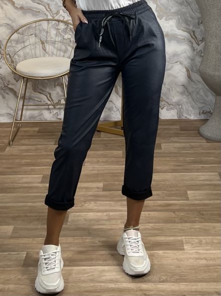 Lok-Leather Drawstring Pants-93488/Dark Blue