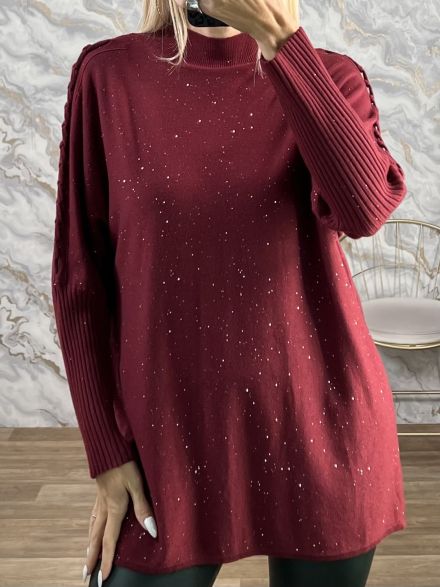 Lil-Glitter Cable Knitted Sweater-613/Burgundy
