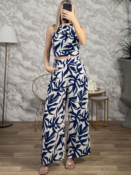 Halter Neck CropTop Leaves Set/Navy Blue