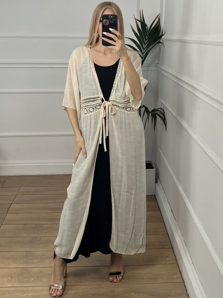 Embroidered Maxi Kimono/Beige