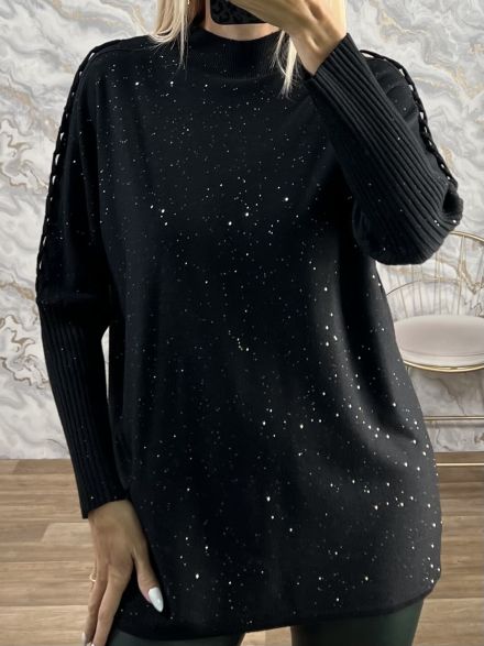 Lil-Glitter Cable Knitted Sweater-613/Black
