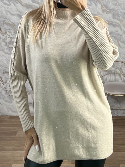 Lil-Glitter Cable Knitted Sweater-613/Beige