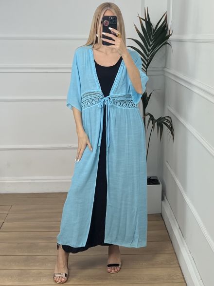 Embroidered Maxi Kimono/Light Blue