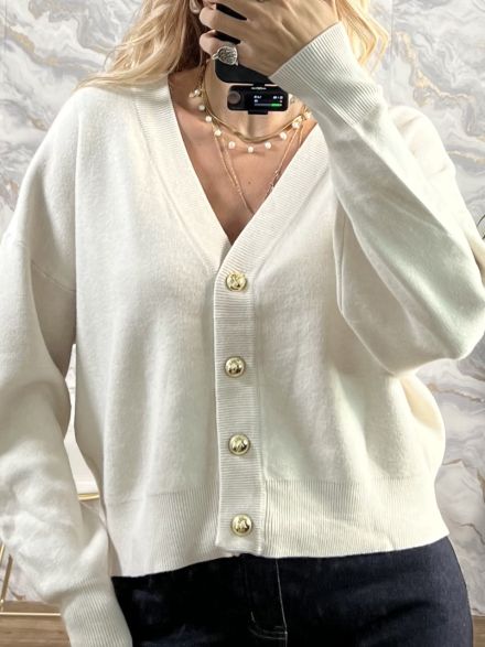 Golden Buttons Cardigan-14612/Vanilla