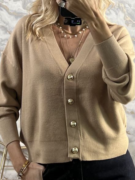 Golden Buttons Cardigan-14612/Camel