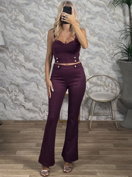 The-Suede Top&Pants Set-3126/Burgundy