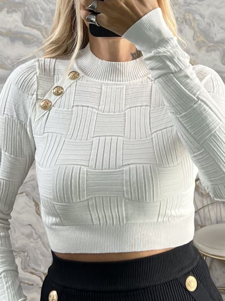 GoldenButtons Knitted Crop Top/White