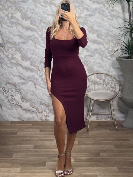 Knitted Rip Midi Dress-12469/Burgundy