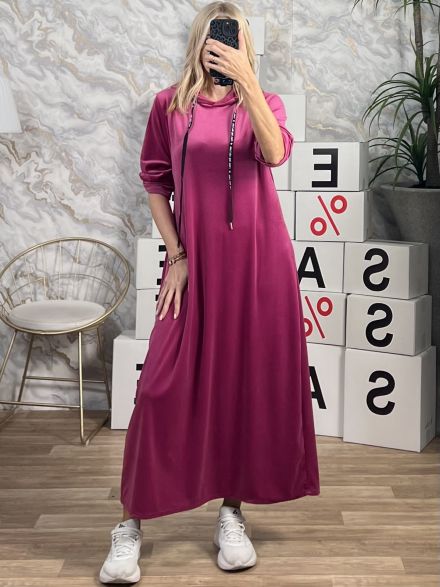 Velvet Oversized Hooded Dress-3283/Magenta