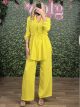 Button Sleeves Shirt Hightwaist Pants Set/Yellow