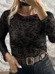 Ton-Velvet Texture Floral Top-37981/Black