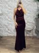 The-Draped Velvet Maxi Dress-12553/Burgundy