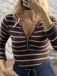 Ste-Striped Button Top-22565/Chocolat&Ecru