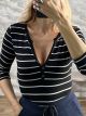 Ste-Striped Button Top-22565/Black&Ecru