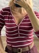 Ste-Striped Button Top-22565/Burgundy