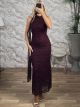 HalterNeck Lace & Velour Maxi Dress-58276/Burgundy