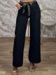 Elastic Striped Belt Denim Pants-23237/Black
