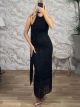 HalterNeck Lace & Velour Maxi Dress-58276/Black