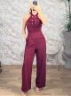 San-Velvet Textured Lace Jumpsuit-6485/Burgundy