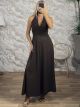 Textured Velvet Halter Maxi Dress-5282/Chocolat