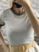 Ripped ShortSleeves Striped Top-8233/Khaki