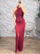 The-Sequinned HalterNeck Maxi Dress-44494/Burgundy