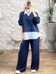 Plus Size Stripes Shirt Set/Navy Blue