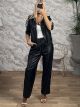 Striped Leather Jacket&Pants Set-25765/Black