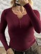 The-Ribbed Knitted Buttons Top-1273/Burgundy
