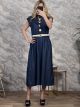 Denim GoldBrooches Midi Dress-50384/Navy Blue