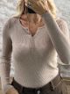 The-Ribbed Knitted Buttons Top-1273/Beige