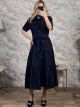 Denim Belt&Buttons Midi Dress-9197/Navy Blue